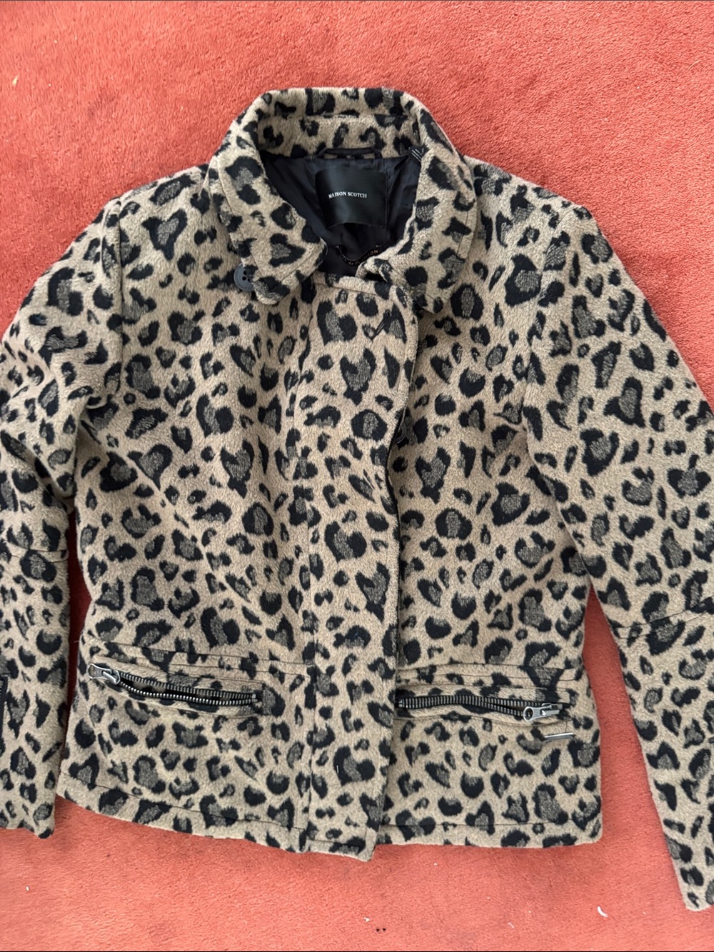 Scotch & Soda Leopard Print Pea Coat - Beige and Black